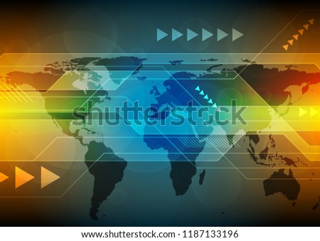 Abstract bright orange and blue technology background with world map. Vector design illustration