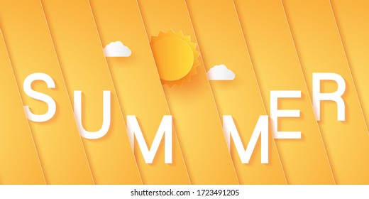 Abstract bright orange diagonal overlay background with sun, cloud and lettering, paper art style