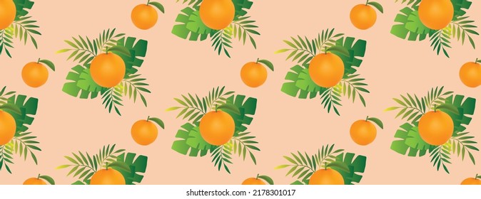 Abstract bright orange and plant leaf art line monstera plants vector seamless pattern design on pastel background. (tropical fruits) design flyers, tiles, clothes and wrapping paper