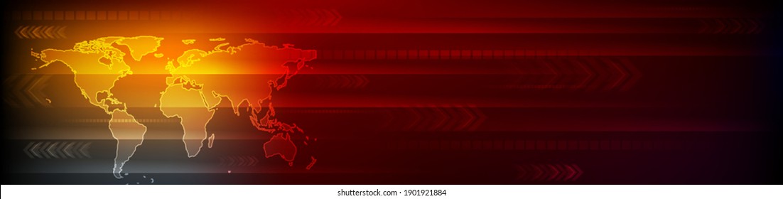 Abstrakter, hellorangefarbener Technologie-Hintergrund mit Weltkarte und Pfeilen. Vektorbanner-Design