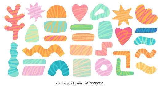 Abstract bright pastel summer cut out shapes set. Organic blob shape isolated collage vector elements with textured scribbles. Rounded wobbly plant, squiggle, heart, star shape modern summer stickers.