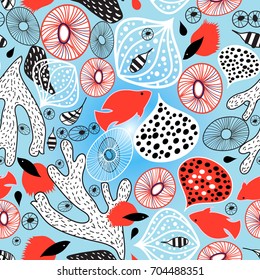 Abstract bright pattern with coral and fish on a blue background