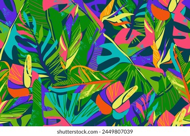 
Abstractas patrón brillante con hojas tropicales y flores sobre fondo oscuro. Hojas coloridas de monstruos, palma, crotón, stromantha triostar y flores de anturio, strelitzia. Motivo moderno y exótico