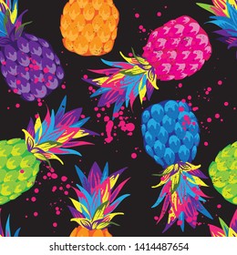 Abstract Bright   Pineapple fruit in seamless pattern  in Vector. Tropical exotic summer pattern with funny hand drawn pineapples. print for T-shirts, textiles, wrapping paper, web. 