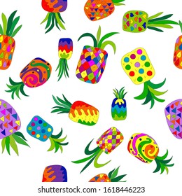 Abstract Bright Pineapple fruit in seamless pattern in Vector. Tropical exotic summer pattern with funny hand drawn pineapples. print for T-shirts, textiles, wrapping paper, web.