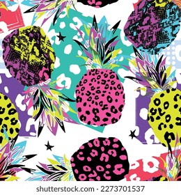 Abstract Bright   Fruto de piña en patrón ininterrumpido en vector. Patrón tropical de verano exótico con piñas dibujadas a mano divertidas. imprenta para camisetas, textiles, papel de envoltura, web. 