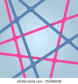 Abstract bright pink and dark blue colors stripes cross on light backdrop. Vivid layout 3d effect pattern thick lines. Simple modern template with grid tapes elements on different levels layers.
