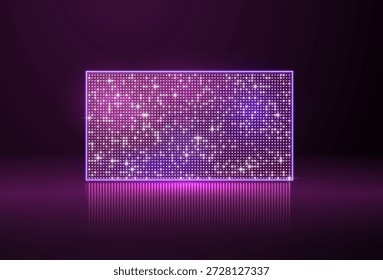 Abstractas pantalla led de color rosa brillante con brillo y reflexión, sobre un fondo púrpura oscuro. Pantalla LCD. Adecuado para presentaciones, publicidad, eventos musicales y tecnología. Ilustración vectorial.