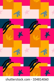 Abstract bright pink yellow and blue overlapping rectangles.Hand drawn with paint brush seamless background.Modern hipster style design.