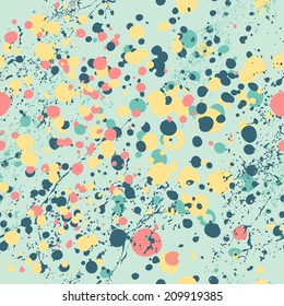 Abstract bright polka dot pattern, with small splashes and drops. Seamless vector background.