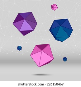 Abstract bright polygonal figures made of triangles, on the white grid background. Template design for banner. Creative elements for backdrop of the site