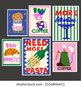 Abstract bright posters in cartoon retro style. Decor of wallpaper, walls and postcards. Vintage home decor food posters set. Pasta, Martini, coffee and croissant. Modern text