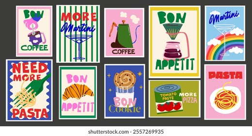 Abstract bright posters in cartoon retro style. Decor for wallpaper, walls and postcards. Vintage home decor food and drink banners set. Pasta, Martini, coffee, croissant and baking. Modern text