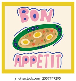 Abstract bright posters in cartoon retro style. Borscht, Salo, Lard, Holodets. Traditional Ukrainian cuisine. Vintage decor for wallpaper, walls and postcards. Modern hand drawn text