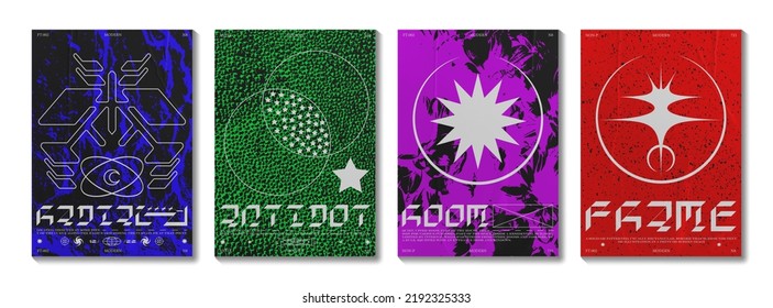 Abstract bright posters with graphics and grunge texture. In techno style, a set of trendy retro posters. Isolated on black background