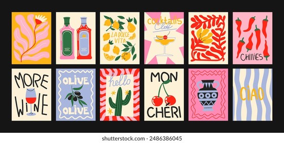 Abstract bright posters in minimalist style. Wall decor, trendy banners of summer, fruits, plants, cocktails in the cartoon style of Matisse. Decor of wallpaper, walls, print and postcards