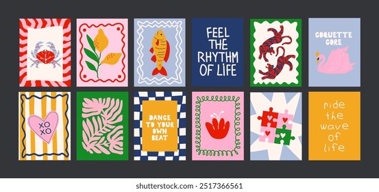 Abstractas carteles brillantes en estilo minimalista. Decoración de la pared, Anuncios de moda del verano, frutas, plantas, cócteles en el estilo de dibujos animados de Matisse. Decoración de Fondo de pantalla, paredes, impresión y postales