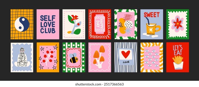 Abstractas carteles brillantes en estilo minimalista. Decoración de la pared, Anuncios de moda del verano, frutas, plantas, cócteles en el estilo de dibujos animados de Matisse. Decoración de Fondo de pantalla, paredes, impresión y postales