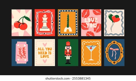 Abstract bright posters in minimalist style. Wall decor, trendy banners of berries, cocktails, nutcracker, love in the cartoon style of Matisse. Decor of wallpaper, walls, print and postcards