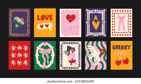 Abstract bright posters in minimalist style. Wall decor, trendy banners of bows, fruits, plants, love in the cartoon style of Matisse. Decor of wallpaper, walls, print and postcards