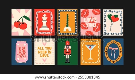 Abstract bright posters in minimalist style. Wall decor, trendy banners of berries, cocktails, nutcracker, love in the cartoon style of Matisse. Decor of wallpaper, walls, print and postcards