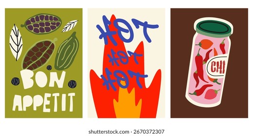 Abstractas carteles brillantes ambientados en estilo groovy de dibujos animados. Decoración para Fondo de pantalla, paredes y postales. Afiches de Antiguas. Especias de cardamomo, pimientos rojos