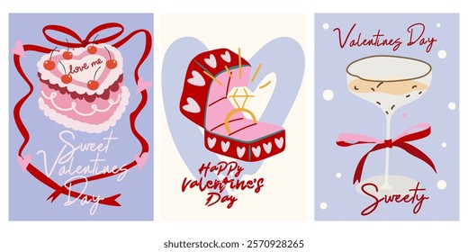 Abstract bright posters for St. Valentine's Day. February 14 vintage banner design concept. Set of Valentine's day greeting cards. Vector posts on social networks, elements for print