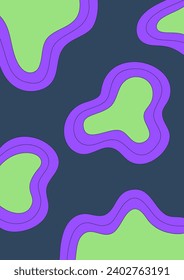 Abstract bright psychedelic background with lava lamp pattern. Green and purple colors. Wavy colorful spots. Groovy surreal style. Poster, cover for notebook or book. Vector illustration