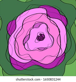 Abstract bright purple flower on a green background, close-up, macro. Freehand drawing. Vector illustration.