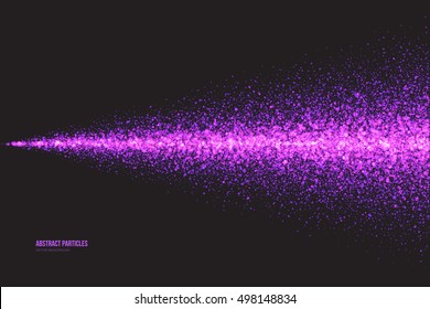 Abstract bright purple shimmer glowing round falling particles vector background. Scatter shine tinsel light explosion effect. Sparkle violet dots. Celebration, holidays and party illustration