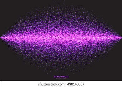 Abstract bright purple shimmer glowing round falling particles vector background. Scatter shine tinsel light explosion effect. Sparkle violet dots. Celebration, holidays and party illustration
