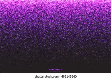 Abstract bright purple shimmer glowing round falling particles vector background. Scatter shine tinsel light explosion effect. Sparkle violet dots. Celebration, holidays and party illustration