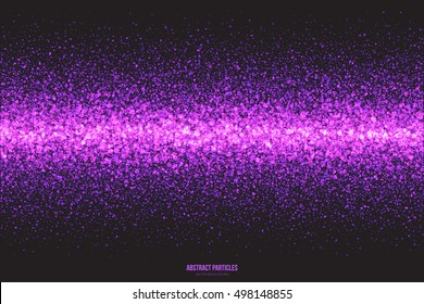Abstract bright purple shimmer glowing round falling particles vector background. Scatter shine tinsel light explosion effect. Sparkle violet dots. Celebration, holidays and party illustration