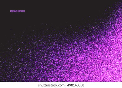 Abstract bright purple shimmer glowing round falling particles vector background. Scatter shine tinsel light explosion effect. Sparkle violet dots. Celebration, holidays and party illustration