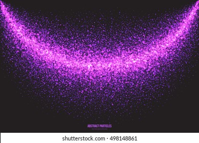 Abstract bright purple shimmer glowing round falling particles vector background. Scatter shine tinsel light explosion effect. Sparkle violet dots. Celebration, holidays and party illustration