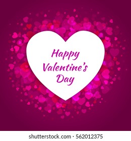Abstract Bright Purple Violet Glow Light Hearts for Valentines Day Background Design with White Heart Frame. Vector Illustration of a Pink Valentine's Day Card. Wedding Invitation Card