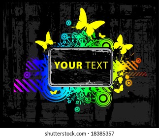 Abstract bright rainbow background with banner and butterflies
