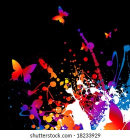 Abstract bright rainbow background with ink and butterflys
