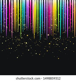 Abstract bright rainbow lines and yellow splashes, dots on a black background - vector. Holiday design.