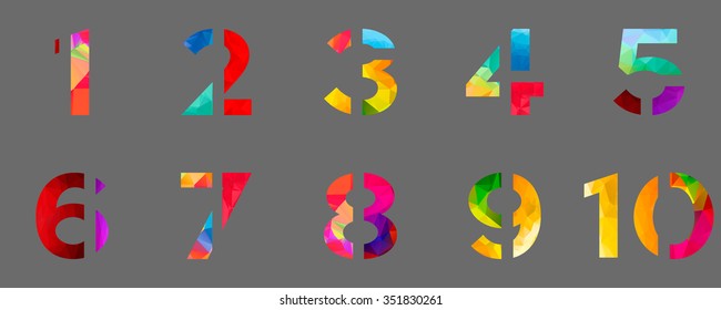 Abstract bright rainbow polygon number alphabet colorful font style. one two three four five six seven eight nine ten zero digits. creative vector illustration. 3d geometric numeral set design.