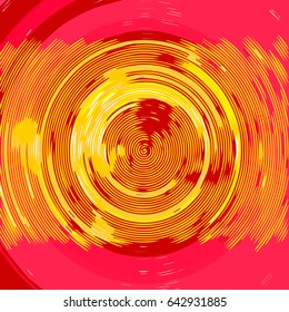 Abstract bright red background with yellow concentric circles. Vector illustration.