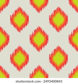 Abstract bright red and green rhombuses with jagged edges on a light gray background form a seamless pattern for modern textiles, wrapping paper, decorative pillows. Vector.