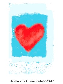 Abstract bright red heart on blue watercolor background