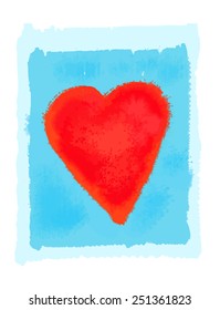 Abstract bright red heart on blue watercolor background