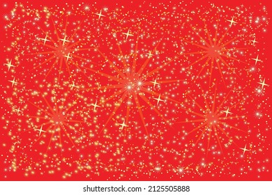 Abstract bright red pattern with white and yellow small glittering stars and circles. Elegant, festive image for background decor, covers, wallpapers.