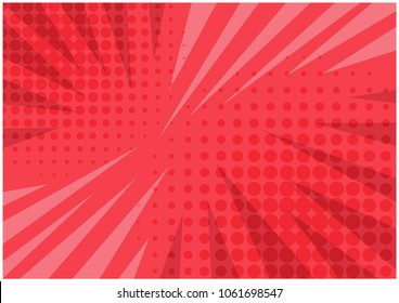 Abstract Bright Red Striped Retro Comic Background With Halftone Corners And Scratches. Cartoon Pink Wallpaper With Stripes And Half Tone Pattern For Comics Book, Advertising Design, Poster, Print