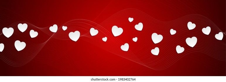 Abstract bright red vector banner with wavy lines and white hearts