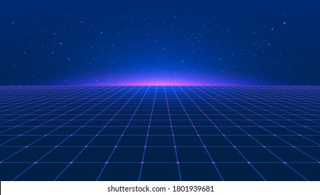 Abstract bright retro blue pink purple background futuristic landscape 1980s style. Vector illustration 80s party background . 80s Retro Sci-Fi background. Light perspective grid. Vector illustration