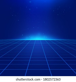 Abstract bright retro dark blue purple background futuristic landscape 1980s style. Vector illustration 80s party background . 80s Retro Sci-Fi background. Light perspective grid.