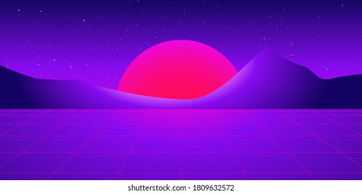 Abstract bright retro futuristic blue pink purple background landscape. 80s event party, retro Sci-Fi background. Sun, mountains and light perspective grid. EPS10.